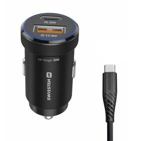 Adaptér do auta Swissten USB-C PD + USB-A, 20W + USB-C kabel 1m černý

