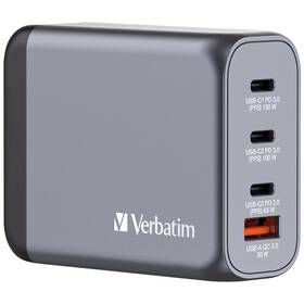 Cestovní adaptér Verbatim GNC-100 GaN 100W, 3x USB-C PD 100/65W, 1x USB-A QC 3.0 stříbrný

