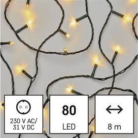 LED řetěz EMOS 80LED řetěz, 8 m, venkovní i vnitřní, teplá bílá, programy, časovač 

