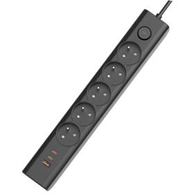 Kabel prodlužovací Viking 5× zásuvka, 1× USB, 2× USB-C, 1,5m černý

