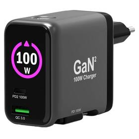 Napájecí adaptér PORT CONNECT GaN2 100W, 2x USB-C PD + USB-A QC, OLED displej 

