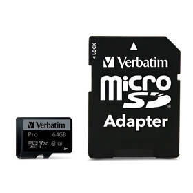  Paměťová karta Verbatim Pro microSDXC 64GB UHS-I V30 U3 (90R/45W) + adaptér