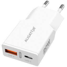 Nabíječka do sítě Aligator Power Delivery 20W, 1×USB-A + 1×USB-C, SLIM bílá

