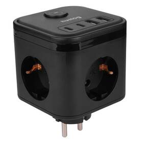 Rozbočovací zásuvka Huslog 15W 3xzásuvka, 2xUSB-C, 2xUSB, 1x vypínač černý

