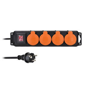 Kabel prodlužovací Solight 4 zásuvky, gumový kabel, vypínač, venkovní, IP44, 10m černý


