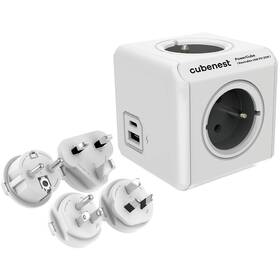 Cestovní adaptér Cubenest PowerCube ReWirable USB PD 20W, 1x USB-A, 1x USB-C, 4x zásuvka šedý/bílý

