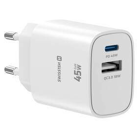Nabíječka do sítě Swissten EDGE GaN 1x USB-C PD 45W/1x USB-A 18W QC bílá

