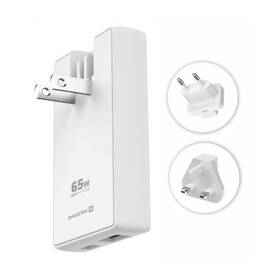 Cestovní adaptér Swissten GaN USB-C + USB-A, 65W (US, EU, UK) bílý

