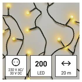 Vánoční osvětlení EMOS 200 LED cherry řetěz - kuličky, 20 m, venkovní i vnitřní, teplá bílá, časovač 
