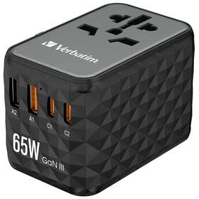Cestovní adaptér Verbatim UTA-05 GaN III, 2x USB-C PD 65W & QC 4+, 2x USB-A černý

