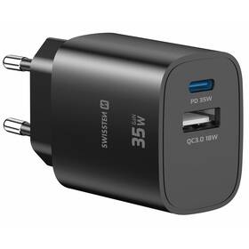Nabíječka do sítě Swissten EDGE GaN 1x USB-C PD 35W/1x USB-A 18W QC černá

