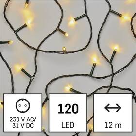 LED řetěz EMOS 120LED řetěz, 12 m, venkovní i vnitřní, teplá bílá, programy, časovač 
