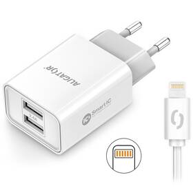 Nabíječka do sítě Aligator 2,4A, 2xUSB, smart IC, USB kabel pro Apple bílá

