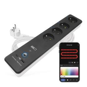 Kabel prodlužovací EMOS GoSmart, 4x zásuvka, 1x USB, 1x USB-C, vypínač, měření spotřeby, 2m černý/bílý

