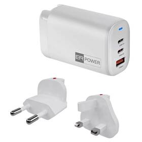 Cestovní adaptér ERPOWER GaN 2x USB-C, USB-A, 65W bílý

