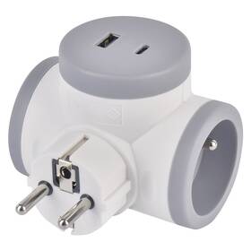 Rozbočovací zásuvka EMOS 2x zásuvka, 1x USB, 1x USB-C šedá/bílá


