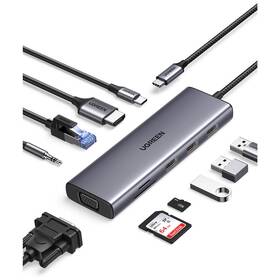 Dokovací stanice UGREEN USB-C/3×USB, SD, VGA, 3,5mm Jack, RJ45, HDMI šedá

