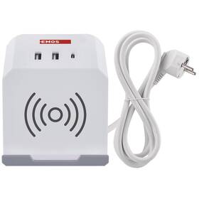 Kabel prodlužovací EMOS kostka, 2x zásuvka, 2×USB-A + 1×USB-C+ bezdrátové nabíjení, 2m bílý

