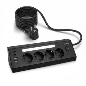 Kabel prodlužovací Huslog 15W 4xzásuvka, 2xUSB-C, 2xUSB, 1x LED světlo černý

