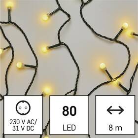 LED řetěz EMOS 80LED cherry řetěz - kuličky, 8 m, venkovní i vnitřní, teplá bílá, programy, časovač 

