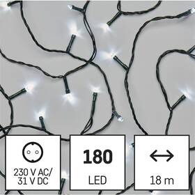 LED řetěz EMOS 180LED řetěz, 18 m, venkovní i vnitřní, studená bílá, programy, časovač 

