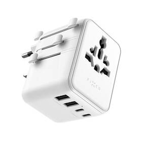 Cestovní adaptér FIXED Voyager, 70W pro EU, UK a USA/AUS, 3xUSB-C a 2xUSB, GaN bílý

