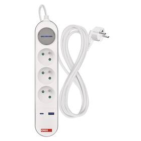 Kabel prodlužovací EMOS 3x zásuvka, Fast Charging, 1x USB, 1x USB-C, vypínač, 2 m šedý/bílý

