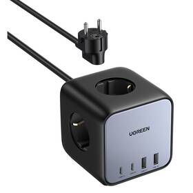 Kabel prodlužovací UGREEN DigiNest Cube, 2x USB, 2x USB-C, 3x zásuvka, 1,8m černá barva
