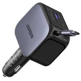 Adaptér do auta UGREEN 2×USB-C, USB, 145W, se zatahovacím kabelem šedý

