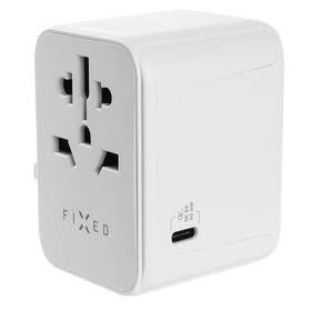 Cestovní adaptér FIXED Voyager pro EU, UK a USA/AUS, s 1xUSB-C a 2xUSB výstupem, GaN, PD 30W bílý


