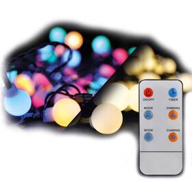 Vánoční osvětlení Solight řetěz - koule, dálkový ovladač, 200LED, RGB+bílá, 20m+5m, 8 funkcí, IP44 

