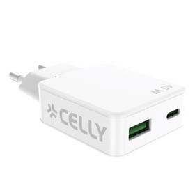 Nabíječka do sítě Celly SLIM USB-C/USB-A GaN, 45 W bílý

