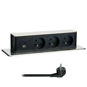 Kabel prodlužovací Solight 3x zásuvka, USB A+C 20W, výsuvný blok, 2 m nerez
