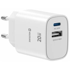 Nabíječka do sítě Swissten EDGE GaN 1x USB-C PD 20W/1x USB-A 18W QC bílá

