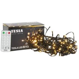 Vánoční osvětlení TESLA lighting dekorativní řetěz, teplý bílý,100 LED, 10m + 5m kabel, 230V, ovladač s 8 funkcemi, IP44 černé

