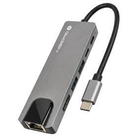 USB Hub GoGEN USB-C, 1x USB-C 3.1, 1x USB-C power, 2x USB-A 3.0, HDMI, RJ-45 šedý

