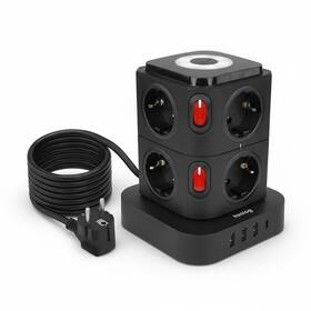 Kabel prodlužovací Huslog 15W 8xzásuvka, 1xUSB-C, 3xUSB, 1x LED světlo černý

