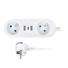 Kabel prodlužovací Solight 2x zásuvka, 2x USB + 1x USB-C, 1,5 m bílý


