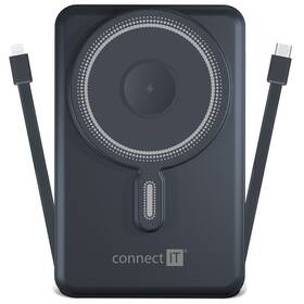 Powerbanka Connect IT TravelCharge 10000 mAh, integrovaný USB-C a Lightning kabel šedá barva
