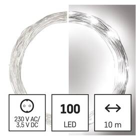 Vánoční osvětlení EMOS 100 LED nano řetěz stříbrný, 10 m, venkovní i vnitřní, studená bílá, časovač 

