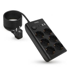 Kabel prodlužovací Huslog 15W 6xzásuvka, 2xUSB-C, 2xUSB černý

