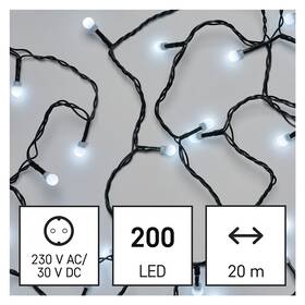 Vánoční osvětlení EMOS 200 LED cherry řetěz - kuličky, 20 m, venkovní i vnitřní, studená bílá, časovač 

