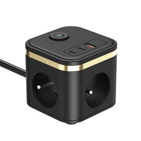 Kabel prodlužovací Viking YC33B, 3x zásuvka, 1x USB-A, 2x USB-C, vypínač, 1,4 m černý

