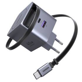 Nabíječka do sítě UGREEN GaN, 2×USB-C, USB, 45W, se zatahovacím kabelem šedá

