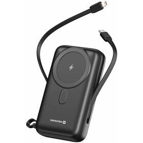 Powerbanka Swissten 20000 mAh, PD 20W s integrovanými kabely USB-C a Lightning, MagSafe černá barva
