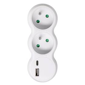 Rozbočovací zásuvka Solight 2 x 10A, USB A+C rychlonabíječka 20W PD bílá

