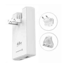 Cestovní adaptér Swissten GaN USB-C + USB-A, 45W (US, EU, UK) bílý

