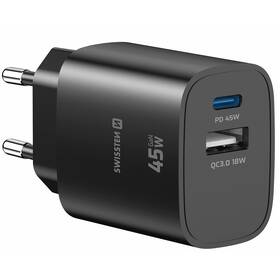Nabíječka do sítě Swissten EDGE GaN 1x USB-C PD 45W/1x USB-A 18W QC černá

