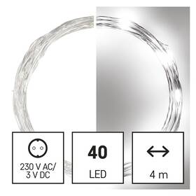 Vánoční osvětlení EMOS 40 LED nano řetěz stříbrný, 4 m, venkovní i vnitřní, studená bílá, časovač 

