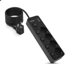 Kabel prodlužovací Huslog 15W 4xzásuvka, 2xUSB-C, 2xUSB, 5x vypínač černý


